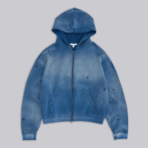 Custom Own Logo High Quality Heavyweight Distressed French Terry 400gsm Sun Faded Washed Blank Vintage Oversized <b>Zip</b> up Hoodie - Product Image 1