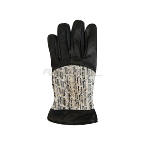 Gants en cuir pour femmes, en peau de mouton noire, en tweed bouclé, à doigts entiers, doublure douce, gants d'hiver de luxe à la mode pour femmes - Product Image 3