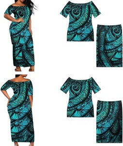 Conjunto de Vestido y Camisa Hawaiana con Estampado Polinesio de Atardecer y Plumeria, Estilo Tribal de las Islas del Pacífico - Product Image 1