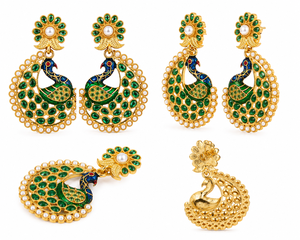 Pendientes de Ónix Verde Claro con Forma de Pavo Real y Borde de Perlas, Directo de Fábrica |   Joyería india de latón chapada en oro - Product Image 6