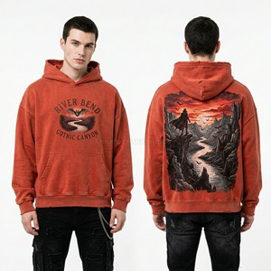 Custom Acid Wash Streetwear Hoodie Men Oversized Vintage Pullover Heavyweight Cotton Fleece 3D Graphic Print Vampire Bat Hoodie - Product Image 3