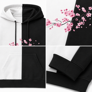 Sweat à capuche unisexe surdimensionné personnalisé, imprimé floral cerisier noir et blanc, style streetwear, en polaire, pour hommes et femmes - Product Image 4