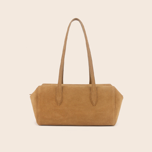 Sac à bandoulière en daim pour femme, style minimaliste, deux poignées, fermeture ouverte, couleur beige, utilisation toutes saisons - Product Image 1