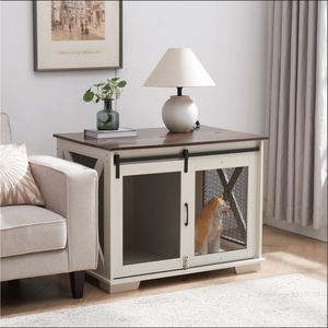 Mesa Auxiliar de Madera Estilo Rústico con Caseta para Perros, Tapa Abatible y Puerta Corredera para Cachorros y Razas Pequeñas - Product Image 2