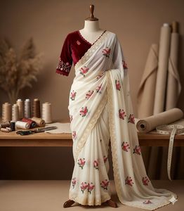 Star Georgette with beautiful flower Work <b>Saree</b> With Contrast Running <b>Blouse</b> - Product Image 1