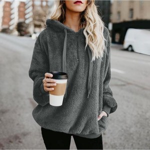 Automne hiver à manches longues chaud manteau pull sweat femmes moelleux ample à capuche vêtements d'extérieur gris foncé XL peluche col roulé - Product Image 1