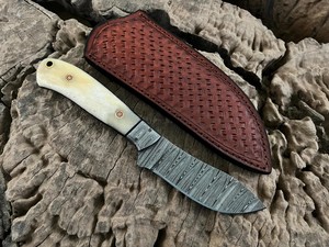 Cuchillo de caza y camping Nessmuk estilo Damasco de hoja fija de acero de grado industrial con funda, espiga completa, OEM - Product Image 2