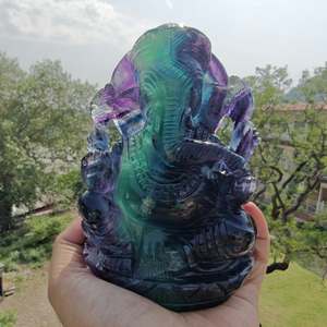 Statue de Ganesha sculptée à la main en fluorite arc-en-ciel, figurine de dieu à tête d'éléphant multicolore, décoration religieuse pour la maison - Product Image 1