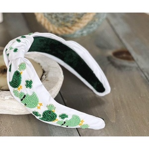 Luxury Green and White Beaded Shamrock <b>Headband</b> Handmade Rhinestone Clover Knot Hairband for Women and Girls St Patrick’s Day - Product Image 5