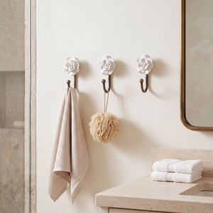 Handmade White Rose Ceramic Wall <b>Hooks</b> with Metal Coat Hanger Decorative Floral <b>Hooks</b> for Bedroom <b>Bathroom</b> Entryway Home Decor - Product Image 3