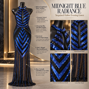 Vestido de noche halter azul y negro con lentejuelas en chevron y abertura frontal |   Vestido de fiesta formal con panel transparente hasta el suelo y cintura ajustada - Product Image 5