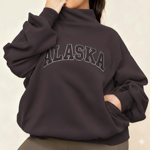 เสื้อสเวตเชิ้ตคอเต่าทรงโอเวอร์ไซส์สำหรับผู้หญิง ปักลายอลาสก้าด้านหน้า ทรงไหล่ตก ผ้าฝ้ายผสมใยไผ่ สำหรับใส่ในฤดูใบไม้ร่วง - Product Image 2