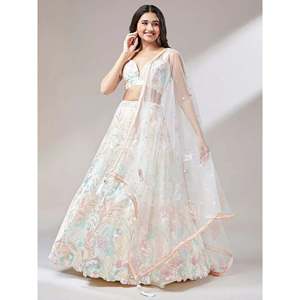 Off-White <b>Sequins</b> Soft Net Wedding Lehenga Choli for Women - Product Image 1