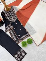 Ensemble Kurta en coton noir style Bollywood été/hiver, broderie de fils de cuivre, Salwar Kameez de créateur, broderie géométrique, pour soirée