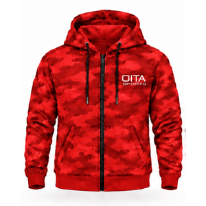 Conjunto Deportivo Unisex de Camuflaje Rojo Brillante, Sudadera con Capucha y Cremallera Completa, Pantalones Deportivos a Juego, Dos Piezas, Ropa Casual de Calle - Product Image 1