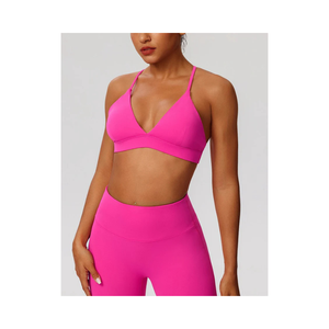 <b>Women</b> Seamless Deep V-Neck Sports Bra Spaghetti Strap Medium Support Yoga Fitness Top Pink - Product Image 1