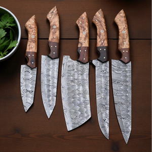 Juego de Cuchillos de Cocina Sm Knives de 5 Piezas, Hechos a Mano, de Acero de Damasco, 0.5 mm de Grosor, Hoja Recta, Punta Caída, Grado Industrial, Madera Azul OEM - Product Image 2
