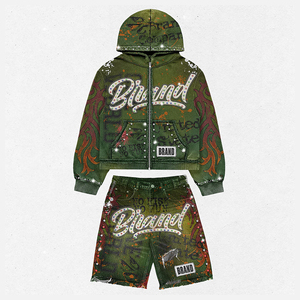 BRAND Unisex Streetwear Hooded Tracksuit Full Sleeve Drawstring Closure Washed Solid Printed <b>Shorts</b> Set Winter Casual Wear - Product Image 1