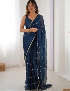 Sari de Chifón KV con Adornos para Uso Diario, Ligero, Elegante, Estilo Étnico para Fiestas, para Mujer, con Blusa sin Coser - Product Image 4
