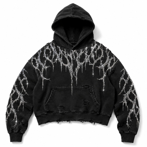 Sudadera con Capucha Negra Personalizada con Pedrería, Estilo Y2K, Oversize, Desgastada, de Gran Gramaje, Lavada, Unisex, de SHH - Product Image 1