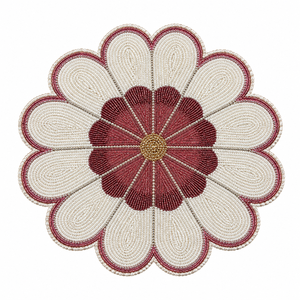 Burgundy and Ivory <b>Glass</b> Beaded Round Modern <b>Placemat</b> | Handmade Durable Heat Resistant Eco-Friendly Dining Table Decor - Product Image 1