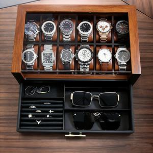 Caja Giratoria para Relojes de Madera con 12 Ranuras, Estuche de Exhibición con Cajón, Organizador de Joyas Acrílico para Relojes, Gafas de Sol y Anillos - Product Image 1