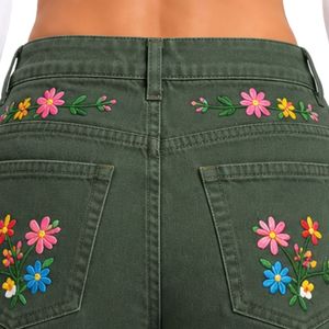 Shorts de Mezclilla de Cintura Alta para Mujer, Color Verde Bosque, con Bordado Floral Colorido, Shorts Casuales de Verano, Elásticos, Personalizados OEM ODM - Product Image 6