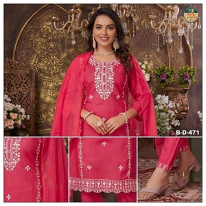 Conjunto de Salwar Bordado Rosa para Mujer, Kurti de Diseñador, Pantalón y Dupatta, Ropa Étnica para Fiestas, Vestido Tradicional - Product Image 1