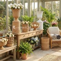 Set Pot Bunga Rotan dan Alasnya, Pot Tanaman Anyaman Rustic untuk Penggunaan Dalam dan Luar Ruangan dengan Sentuhan Alami