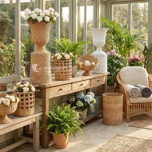 Ensemble de pots à fleurs et de supports en rotin, jardinières rustiques en osier pour intérieur et extérieur, finition naturelle - Product Image 3