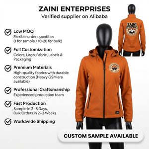 Chaqueta Softshell Premium para Mujer, 340 GSM, Poliéster y Spandex, Color Naranja Quemado y Negro, Cierre de Cremallera, Logotipo Bordado Personalizado, OEM, ODM - Product Image 1