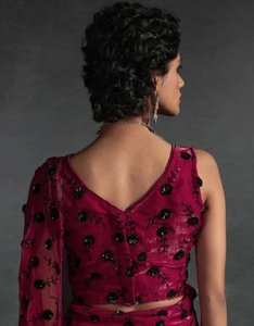 Sari de Fiesta Reversible de Seda Satinada Estilo Bollywood con Adornos, Sin Arrugas - Product Image 4