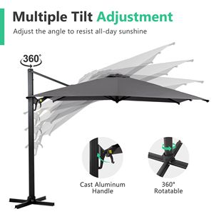 Ombrello da giardino a sbalzo da 10 piedi con rotazione di 360 gradi e regolazione dell'inclinazione ombrello esterno Offset quadrato su palo grigio in alluminio - Product Image 6