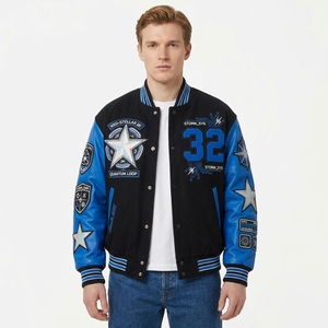 Blouson Bomber de Baseball Violet Royal Regal, Manches Texturées en Tissu Feutré, Col Côtelé, Patch Numéro 22, Fermeture à Boutons Pression - Product Image 4