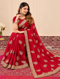 Sari en velours satiné émeraude Vexotrend avec broderie florale, style indien et pakistanais, infroissable, pour femme, tenue de mariage traditionnelle - Product Image 6