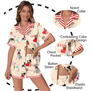 Conjunto de pijama de manga corta con cuello en V para mujer, pantalones cortos estampados, cintura con cordón, ajuste holgado - Product Image 3