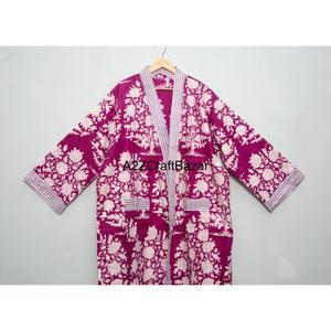 Robe kimono à col en V, 100% coton écologique, lavable, à cordon de serrage, imprimé floral, manches trois-quarts, séchage rapide - Product Image 2