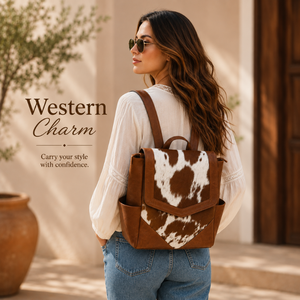 Handcrafted Hair On Cowhide Leather <b>Backpack</b> Western <b>Tooled</b> Laptop Travel Bag Vintage School Daypack Adjustable for Everyday use - Product Image 3