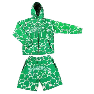 Unisex Blue White Pattern Tracksuit Set Hooded <b>Jacket</b> Shorts Quick Dry Streetwear <b>Summer</b> Wear Full Sleeve Zipper Front Logo - Product Image 3