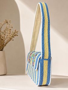 Sac à main rectangulaire en coton brodé à la main avec motif de poisson, rayures bleues et crème - Product Image 3