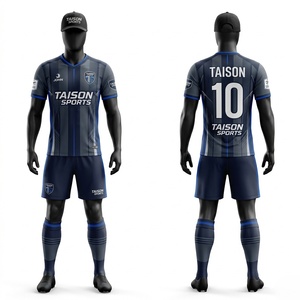 Maillot de football en polyester interlock 140g bleu marine, impression numérique personnalisée, respirant, séchage rapide, tissu anti-rétrécissement, manches courtes, toutes tailles - Product Image 1