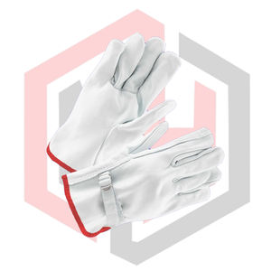 Guantes de seguridad para conductor de cuero granulado de vaca con correa, resistentes al desgarro, transpirables, antideslizantes, sin silicona, blancos con detalles rojos - Product Image 2