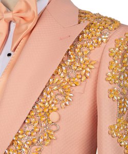 Traje de esmoquin bordado de doble botonadura color melocotón para hombre – Blazer de diseñador con cristales para novio, graduación y fiestas de lujo - Product Image 4