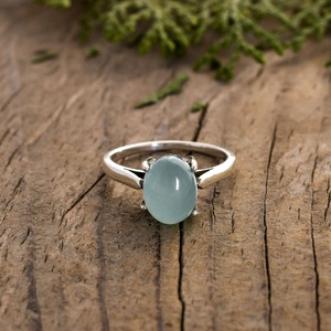 Aqua Chalcedony Oval Cabochon Sterling Silver <b>Ring</b> Handmade Natural Gemstone Prong set Statement Jewelry - Product Image 3