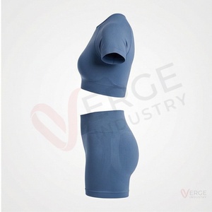 Women's Solid Blue <b>Short</b> Sleeve Crop <b>Top</b> High Waist Biker <b>Shorts</b> Yoga 2 Piece <b>Set</b> - Product Image 3