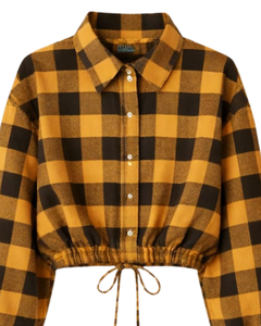 Chemise Courte Femme Personnalisée à Carreaux Buffalo Noir Moutarde, Taille à Cordon, Manches Longues, Boutonnée, Décontractée, Fabricant OEM de Vêtements - Product Image 1