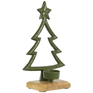 Metal <b>Christmas</b> <b>Tree</b> Tealight Holder with Star <b>Top</b> on Wooden Base for Holiday Home Decoration - Product Image 3