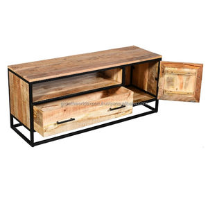 Console multimédia en bois de manguier massif au design industriel avec porte coulissante - Meuble TV moderne pour le rangement du salon d'appartement et de villa - Product Image 2