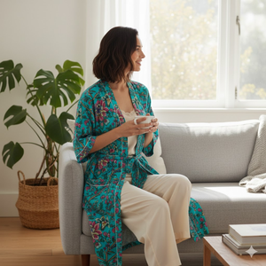 ชุดคลุมกิโมโนผ้าฝ้ายลายดอกไม้สีเทอร์ควอยซ์ ชุดนอนคอวียาวพร้อมกระเป๋ามีเชือกผูก ชุดลำลองแขนยาวสำหรับผู้หญิง ทรอปิคอลมาเรีย - Product Image 3