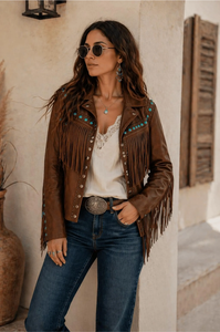 Chaqueta de Motociclista de Cuero Genuino Marrón para Mujer, Marca Fazmax, con Flecos, Cuello Camisero, Cierre de Cremallera, Manga Larga, Estilo Occidental, para Otoño - Product Image 3